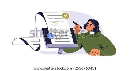 Grammar check and text errors concept. Editor reviewing, editing mistakes in document on computer screen. Spelling improvement in writing. Flat graphic vector illustration isolated on white background