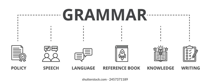 La ilustración del icono del concepto de gramática contiene la política, el discurso, el lenguaje, el libro de referencia, el conocimiento y la escritura.