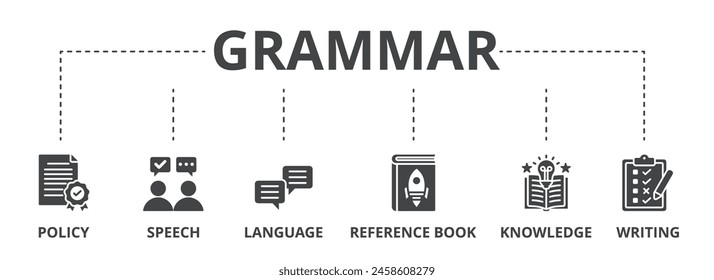 La ilustración del icono del concepto de gramática contiene la política, el discurso, el lenguaje, el libro de referencia, el conocimiento y la escritura.