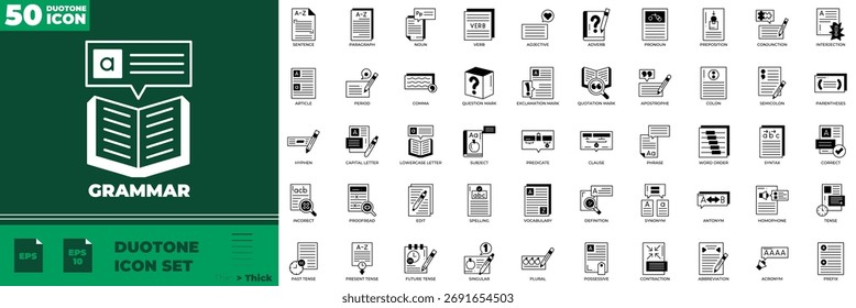Grammar Duotone Editable Icons set. Vector illustration in modern thin duotone style of grammar icons: education, english, language, etc