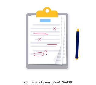 Grammar editing concept. Document with errors and corrections. Page with mistake in text, proofread and spell check. Incorrect writing. Red line marks flat vector illustration for school education.