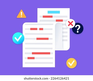 Grammar editing concept. Document with errors and corrections. Page with mistake in text, proofread and spell check. Incorrect writing. Red line marks flat vector illustration for school education.