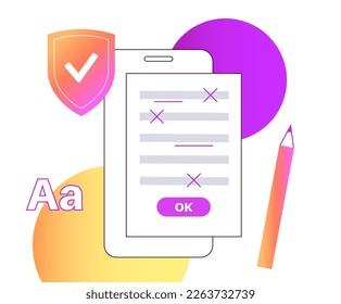 Grammar editing online. Document with errors and corrections. Page with mistake in text, proofread and spell check. Incorrect writing. Red line marks flat vector illustration for school education.