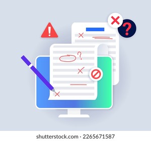 Grammar editing online. Document with errors and corrections. Page with mistake in text, proofread and spell check. Incorrect writing. Red line marks flat vector illustration for school education.