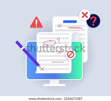 Grammar editing online. Document with errors and corrections. Page with mistake in text, proofread and spell check. Incorrect writing. Red line marks flat vector illustration for school education.