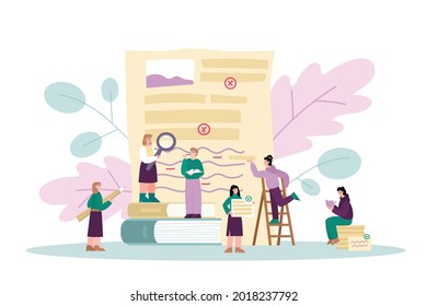 Grammar editor banner with tiny people correcting text and checking spellings. Storytelling and copywriting, seo, flat vector illustration isolated on white background.