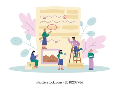 Grammar editor and copywriting services concept, vector illustration isolated on white background. Cartoon people near huge document page checking grammar and spelling.