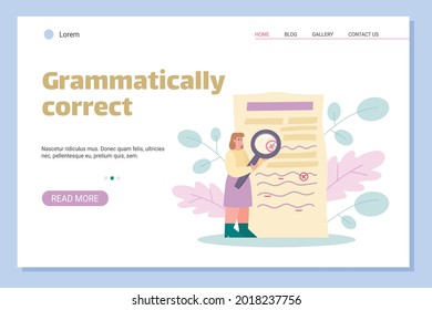 Grammar editor and copywriting web banner for online services of correcting text and checking spellings. Storytelling and copywriting app site, flat vector illustration.