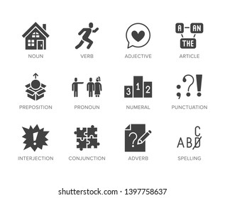 Grammar, education flat glyph icons set. Parts of speech verb, preposition, pronoun, adjective, interjection vector illustrations. Signs for english learning. Solid silhouette.