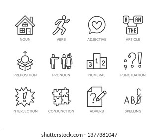 Grammar, education flat line icons set. Parts of speech verb, preposition, pronoun, adjective, interjection vector illustrations. Thin signs for english learning. Pixel perfect 64x64 Editable Strokes.