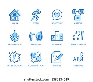 Grammar, education flat line icons set. Parts of speech verb, preposition, pronoun, adjective, interjection vector illustrations. Thin signs for english learning. Editable Strokes.