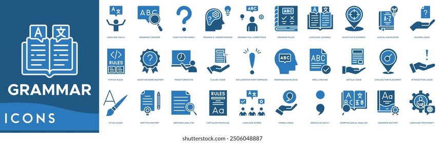 Grammar icon. Language Skills, Grammar Checkers, Punctuation Marks, Pragmatic Understanding and Grammatical Competence