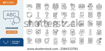 grammar icon set. containing Language Skills, Grammar Checkers, Pragmatic Understanding, rule, linguistic, morphology, and More. Vector illustration