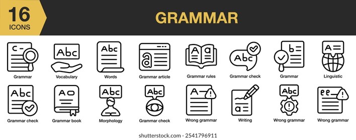 Grammar icon set. Includes article, book, check, rule, linguistic, morphology, and More. Outline icons vector collection.