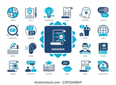 Conjunto de iconos de gramática. Escritura, Lenguaje, Morfología, Discurso, Reglas, Educación, Sintaxis, Entendimiento. Iconos sólidos de color Duotone