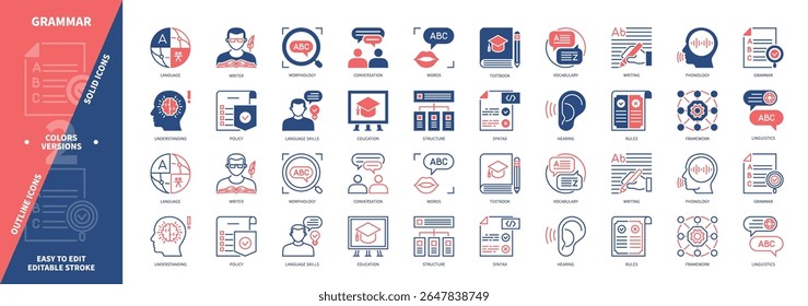Grammar icon set. Writing, Language, Morphology, Structure, Rules, Words, Syntax, Framework. Duotone color solid and editable outline icons