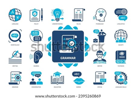 Grammar icon set. Writing, Language, Morphology, Speech, Rules, Education, Syntax, Understanding. Duotone color solid icons