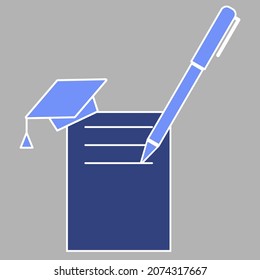 Grammar icon. Vector writing icon. Illustration of grammar concept with academic cap, pen and sheet. 