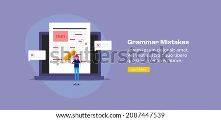 Grammar mistake detection software, Spelling error, checking grammar and punctuation with online app - vector illustration landing page