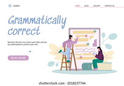 Grammar Online-Korrektur und Korrektur der Text-Website-Interface-Vorlage mit winzigen Menschen korrigieren Online-Dokument, flache Cartoon Vektorgrafik.