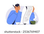 Grammar, spelling check process. Teacher reading paper, reviewing and correcting mistakes in essay. Proofreading and text improvement, correction. Flat vector illustration isolated on white background