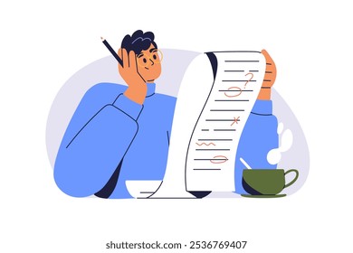 Grammar, spelling check process. Teacher reading paper, reviewing and correcting mistakes in essay. Proofreading and text improvement, correction. Flat vector illustration isolated on white background