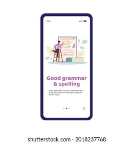 Grammar and spelling editor mobile app onboarding screen with tiny cartoon character, flat vector illustration. Online grammar helper for blogging and copywriting.