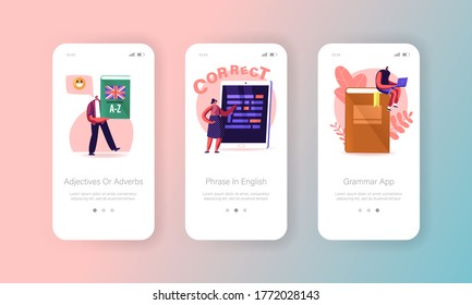 Grammar Test In School Or College.Mobile App Page Onboard Screen Template. Tiny Teacher Characters Correct Mistakes. Fix Punctuation Underlined Errors Concept. Cartoon People Vector Illustration