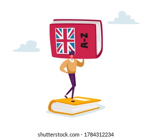 Grammar Test, Studying, Proofreading, Foreign Language Education Concept. Tiny Male Student or Teacher Character Holding Huge English Language Dictionary Stand on Textbook. Cartoon Vector Illustration