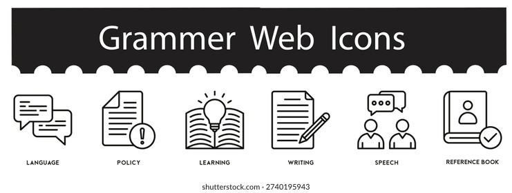 Grammar Web Icons Set, Sentence Structure, Parts of Speech, Punctuation, Language Rules, Writing Skills, Educational Tools, Editable Stroke Vector Illustration.
