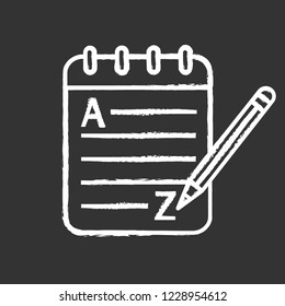 Grammar and writing chalk icon. Basic language skills. Foreign language learning. Taking notes. Notepad with pencil. Isolated vector chalkboard illustration