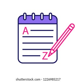 Grammar and writing color icon. Basic language skills. Foreign language learning. Taking notes. Notepad with pencil. Isolated vector illustration