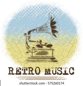 Grammofon on desert background. Engraved style
