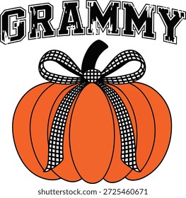 Grammy Pumpkin with Plaid Bow Fall Illustration
