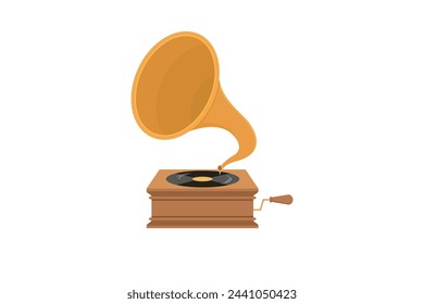 Gramofon diisolasi pada latar belakang putih. Ilustrasi datar vektor. Bermain musik.