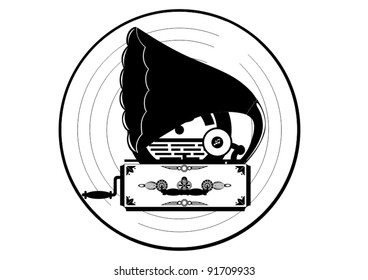 Gramophone. Ancient player to listen to records. Black and white illustration.