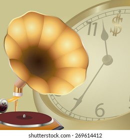 Gramophone and antique clock - vector illustration.