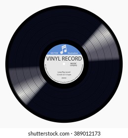 Gramophone blue label vinyl LP record with music note. Black musical long play album disc 33 rpm. old technology, realistic retro design, vector art image illustration, isolated on white background