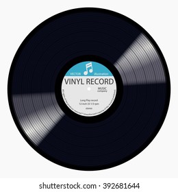 Grabación de vinilo LP con nota musical en azul gramófono. Disco de disco de largo juego musical negro a 33 rpm. tecnología antigua, diseño retro realista, ilustración de arte vectorial, aislado en fondo blanco