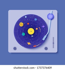 Gramophone with blue vinyl record in paper cut style. 3d illustration of constellations rocket and solar system planets. Saturn Jupiter Venus Sun Neptune and galaxy, Vector party decoration template.