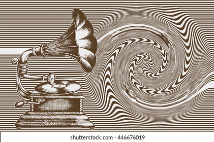 Gramophone in colorful background. Engraving style. Vector illustration. 