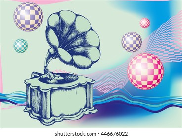 Gramophone in colorful background. Engraving style. Vector illustration. 