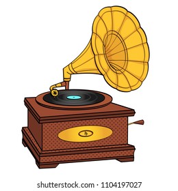 Gramophone comic book pop art retro style vector illustration. isolated object on white background