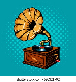 Gramophone comic book pop art retro style vector illustration