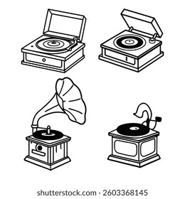 Gramophone comic book retro style vector illustration. isolated object. children and adult coloring. black lines. white background different style