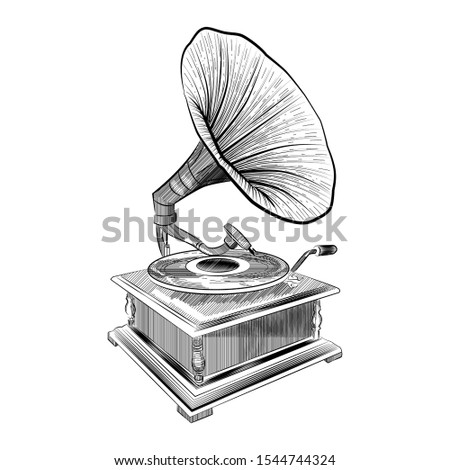Gramophone in engraved, hand drawn  style. Vector illustration, isolated on white background. Vintage, retro music element for poster, banner