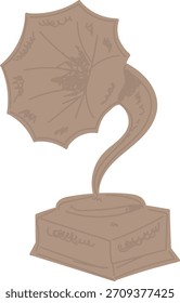 Gramófono con bocina acampanada y base de caja en línea limpia y sombreado plano. Silueta fonográfica antigua con detalle grabado y brazo curvo. Ilustración vectorial de dibujos animados