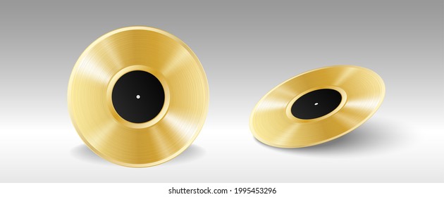 Gramophone goldene Vinylleder LP-Aufnahme-Muster einzeln auf weißem Hintergrund. Retro-Musik lange Play-Tune-Sound. 3D-Vektorgrafik