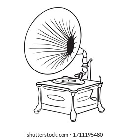 diseño gráfico gramófono ilustración vectorial, estilo retro, dibujo artístico, idea clásica de la música vintage, dibujo a mano, uso en impresión, icono, reproducción de vinilo, concepto de jugador, danza, retro