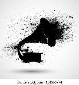 Gramophone. Grunge style hand drawing.  Vector illustration.